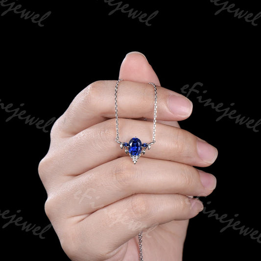Oval Blue Sapphire Leaf Vine Necklace, Handmade Gold Wedding Pendant
