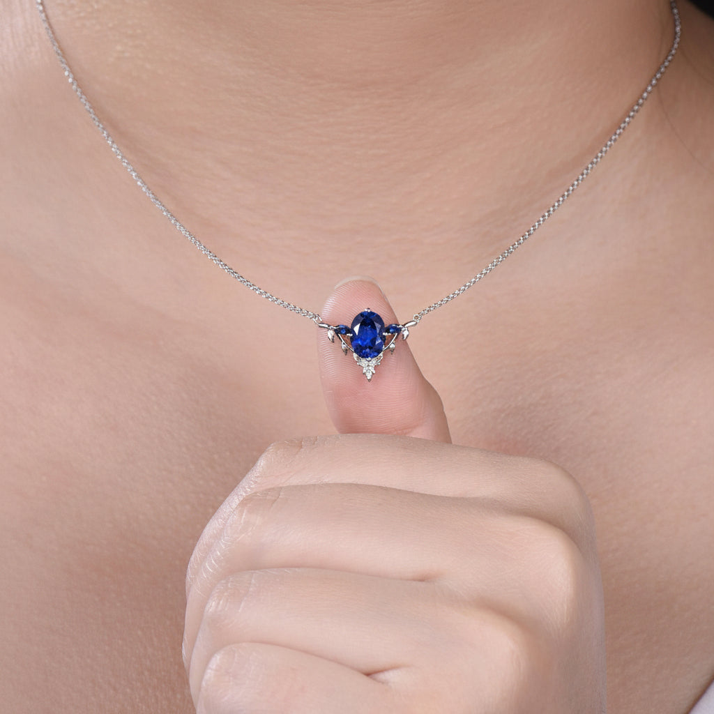 Oval Blue Sapphire Leaf Vine Necklace, Handmade Gold Wedding Pendant