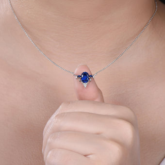 Oval Blue Sapphire Leaf Vine Necklace, Handmade Gold Wedding Pendant