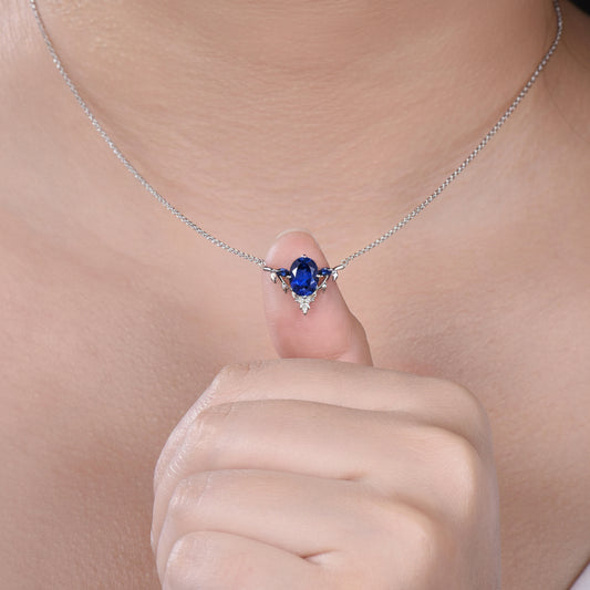 Oval Blue Sapphire Leaf Vine Necklace, Handmade Gold Wedding Pendant