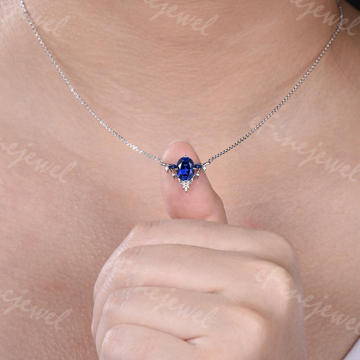 Oval Blue Sapphire Leaf Vine Necklace, Handmade Gold Wedding Pendant