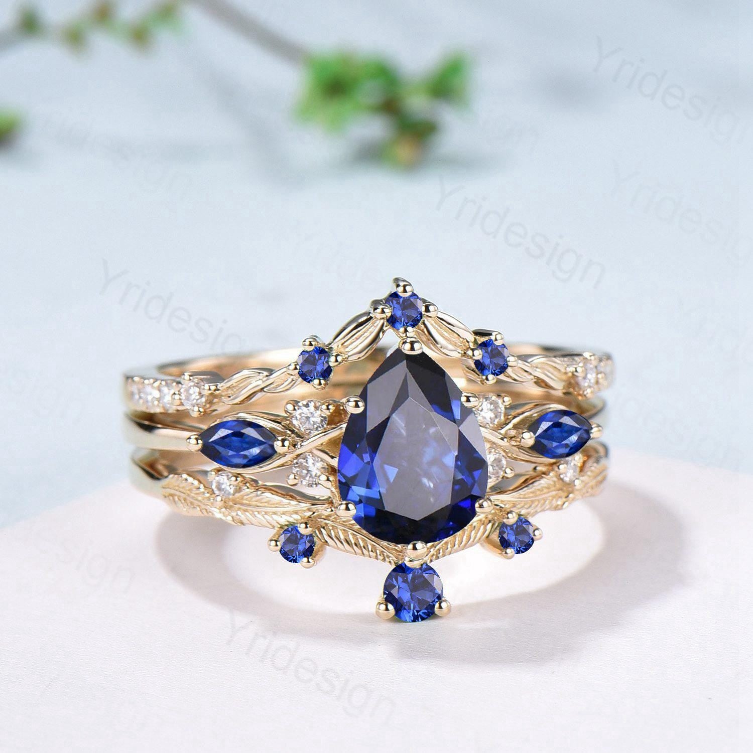 Vintage Sapphire engagement ring set yellow gold engagement ring Unique Bridal set leaf vine wedding Curved Anniversary Promise ring gift - PENFINE