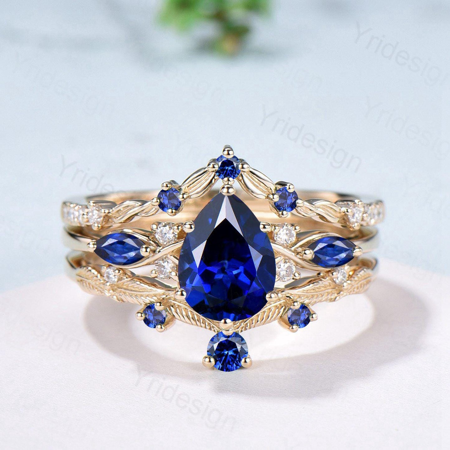 Vintage Sapphire engagement ring set yellow gold engagement ring Unique Bridal set leaf vine wedding Curved Anniversary Promise ring gift - PENFINE