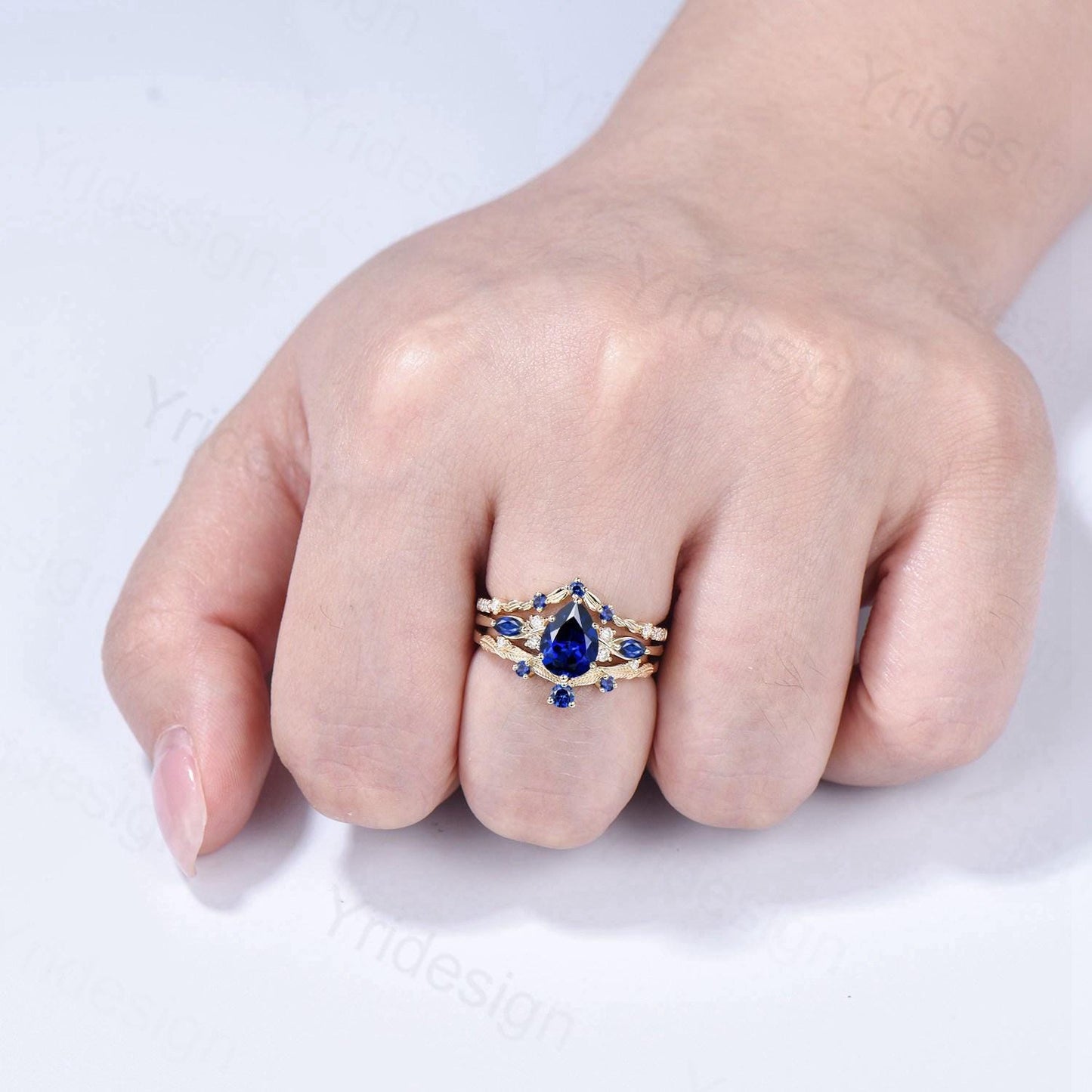 Vintage Sapphire engagement ring set yellow gold engagement ring Unique Bridal set leaf vine wedding Curved Anniversary Promise ring gift - PENFINE