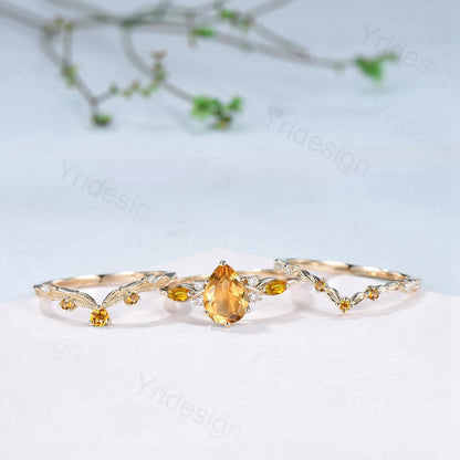 Vintage Citrine engagement ring set November birthstone wedding ring set Unique Yellow Gold Bridal set Curved Anniversary Promise ring gifts - PENFINE