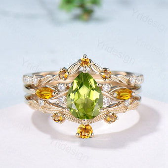 Vintage Peridot engagement ring set August birthstone wedding ring set Unique Citrine Bridal set Curved Anniversary Promise ring gifts women - PENFINE
