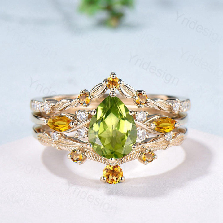 Vintage Peridot engagement ring set August birthstone wedding ring set Unique Citrine Bridal set Curved Anniversary Promise ring gifts women - PENFINE