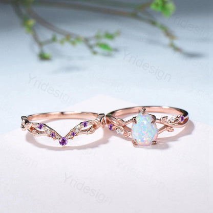 Teardrop White Opal Engagement Ring Set October Birthstone Amethyst Moon Bat Wedding Band Leaf Nature Inspired 2pcs Rose Gold Bridal Set - PENFINE