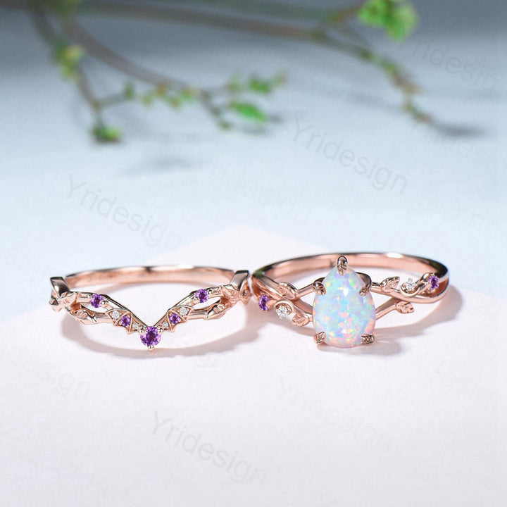 Teardrop White Opal Engagement Ring Set October Birthstone Amethyst Moon Bat Wedding Band Leaf Nature Inspired 2pcs Rose Gold Bridal Set - PENFINE