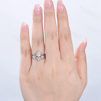 Norse Viking Kite Cut Natural White Sapphire Engagement Ring Set Unique Celtic Love Knot Peridot Butterfly Wedding Band Vintage Bridal Set - PENFINE