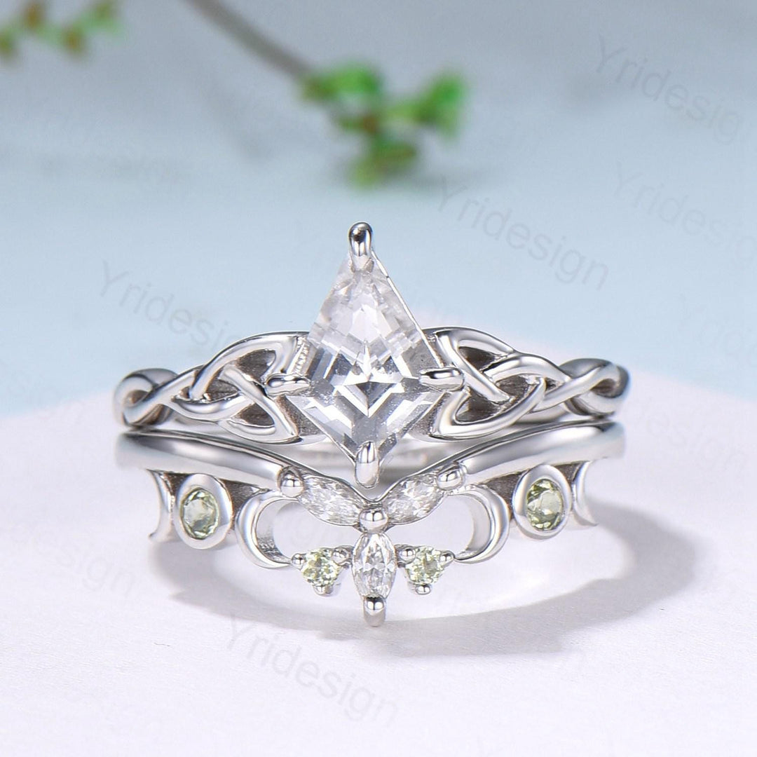 Norse Viking Kite Cut Natural White Sapphire Engagement Ring Set Unique Celtic Love Knot Peridot Butterfly Wedding Band Vintage Bridal Set - PENFINE