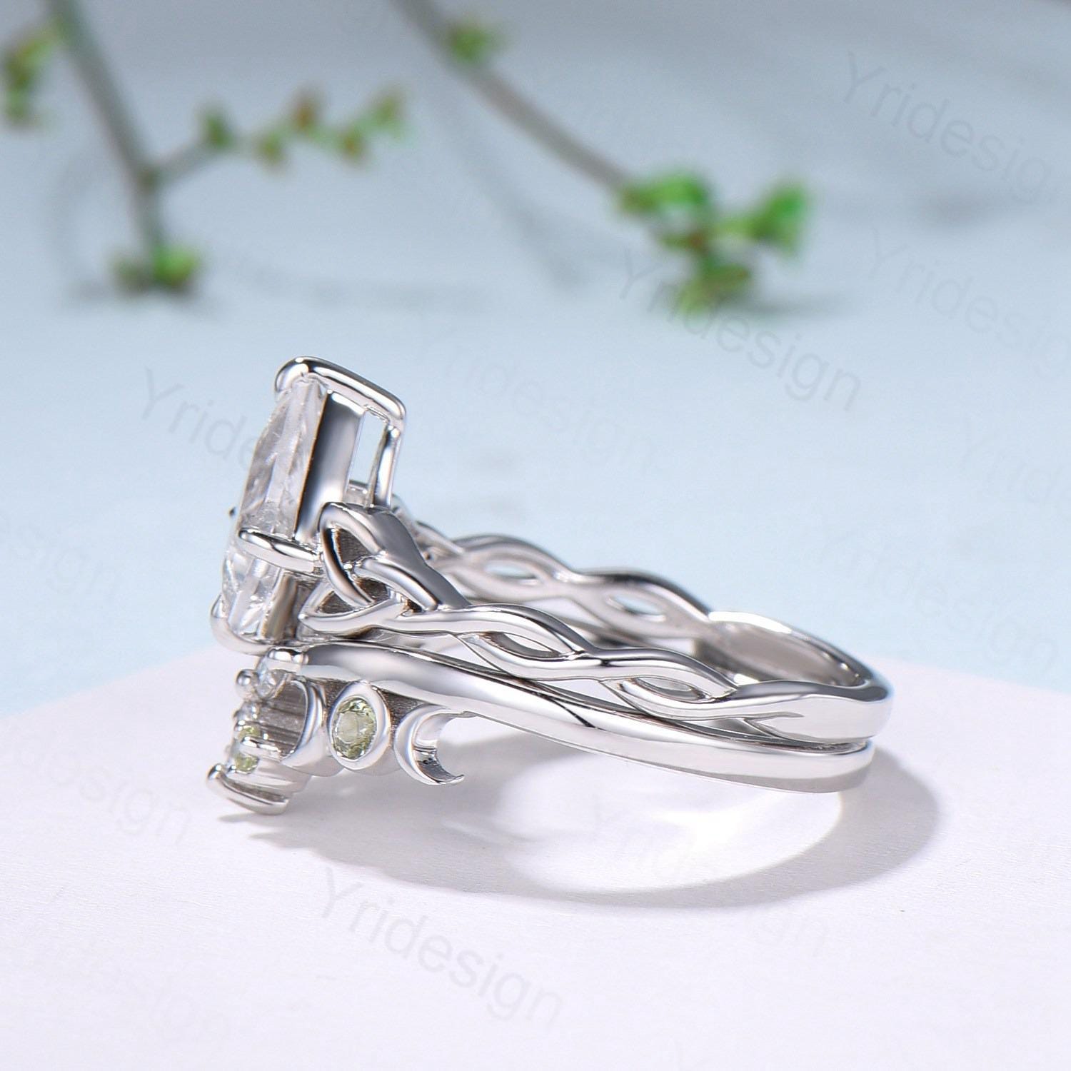 Norse Viking Kite Cut Natural White Sapphire Engagement Ring Set Unique Celtic Love Knot Peridot Butterfly Wedding Band Vintage Bridal Set - PENFINE