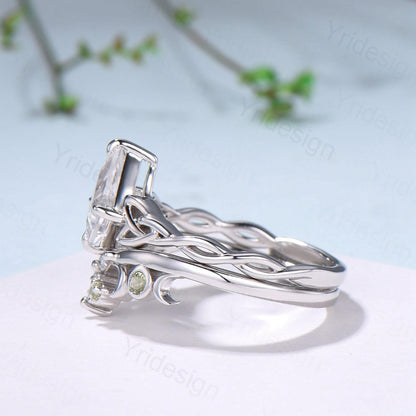 Norse Viking Kite Cut Natural White Sapphire Engagement Ring Set Unique Celtic Love Knot Peridot Butterfly Wedding Band Vintage Bridal Set - PENFINE