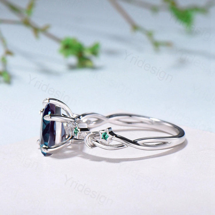 Vintage Pear Shaped Alexandrite Engagement Ring Moon Star Cluster Emerald Wedding Ring Silver White Gold Color Change Leaves Vine Prong Ring - PENFINE
