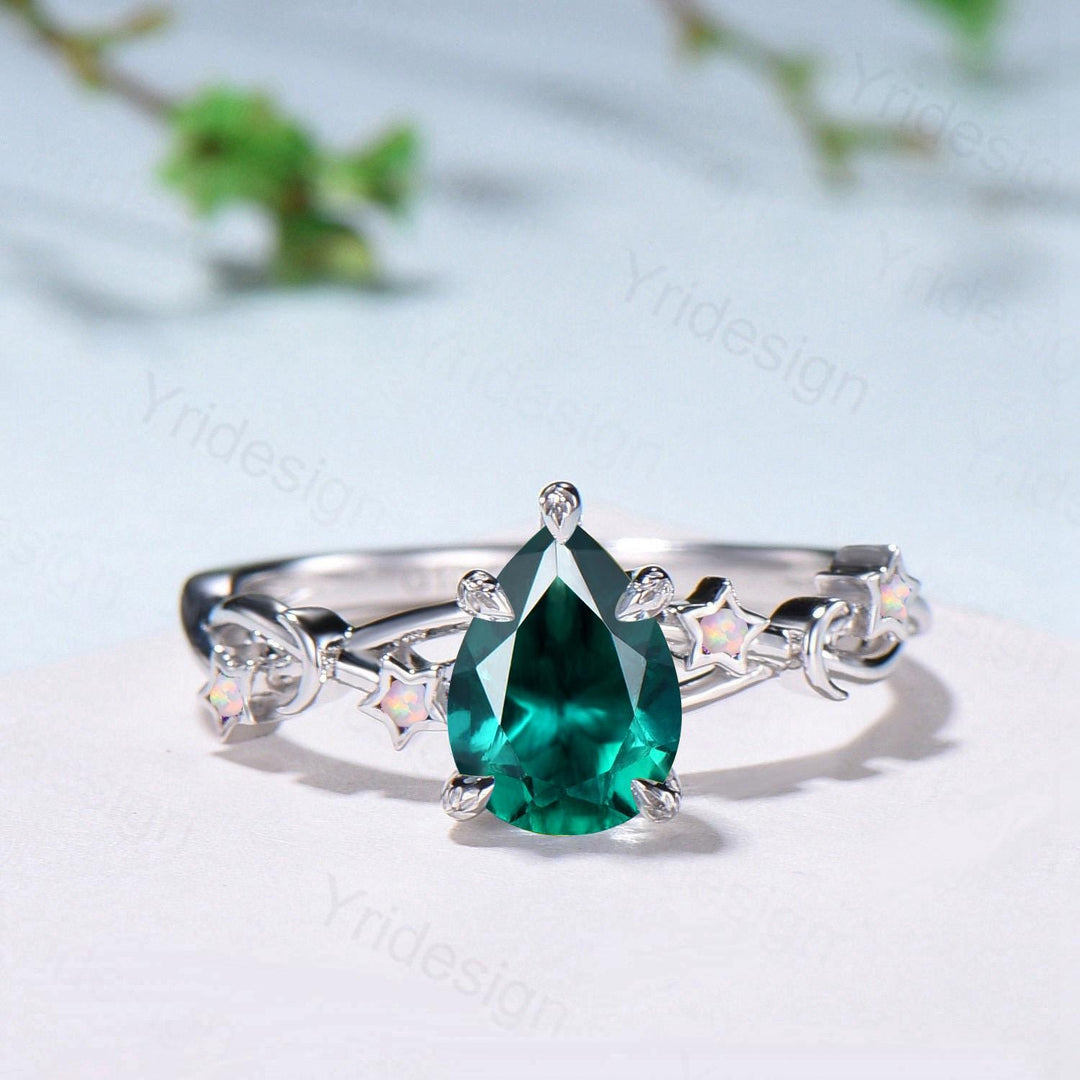 Vintage Pear Shaped Emerald Engagement Ring Moon Star Cluster Amethyst Wedding Ring Silver White Gold May Birthstone Leaves Vine Prong Ring - PENFINE