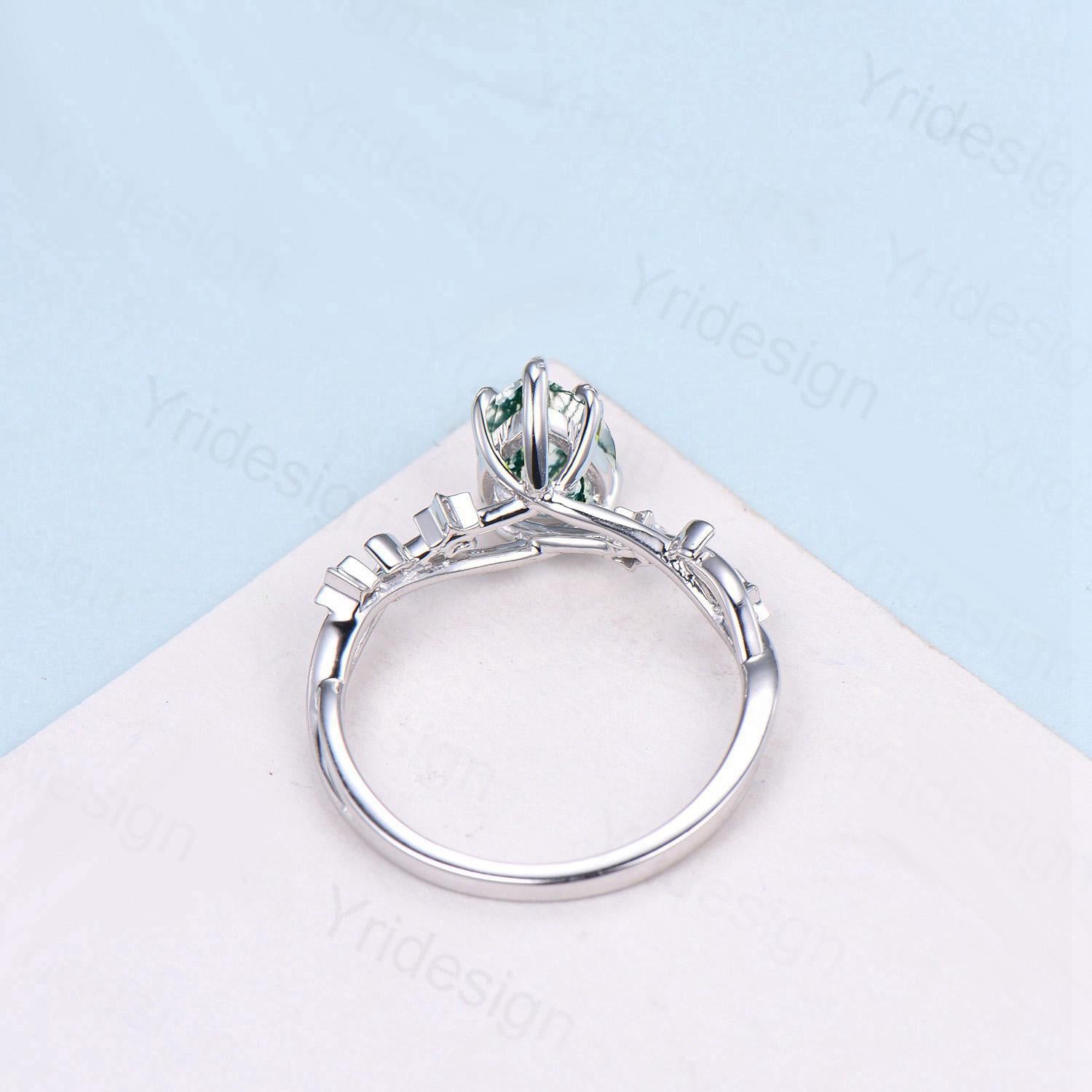Vintage Pear Shaped Moss Agate Engagement Ring Moon Star Cluster Emerald Wedding Ring Silver White Gold Split Shank Leaves Vine Prong Ring - PENFINE