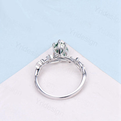 Vintage Pear Shaped Moss Agate Engagement Ring Moon Star Cluster Emerald Wedding Ring Silver White Gold Split Shank Leaves Vine Prong Ring - PENFINE