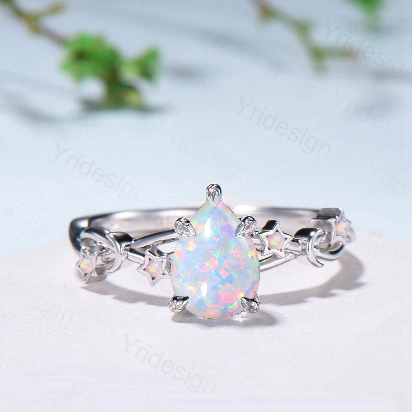 Vintage Pear Shaped White Opal Engagement Ring Moon Star Cluster Emerald Wedding Ring Silver Gold October Birthstone Leaves Vine Prong Ring - PENFINE