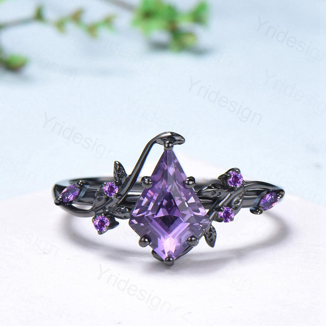 Unique Cage Leafy Amethyst Wedding Ring Set Nature Inspired Kite Cut Amethyst Engagement Ring Black Gold Knight Purple Gemstone Bridal Set - PENFINE