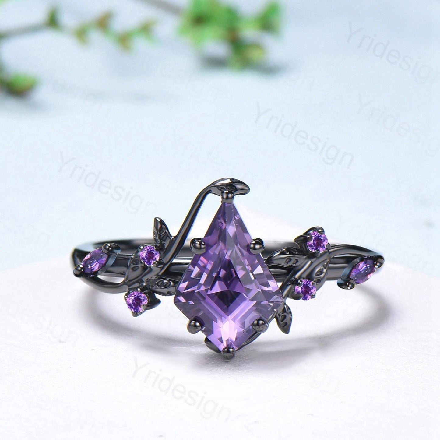 Unique Cage Leafy Amethyst Wedding Ring Set Nature Inspired Kite Cut Amethyst Engagement Ring Black Gold Knight Purple Gemstone Bridal Set - PENFINE