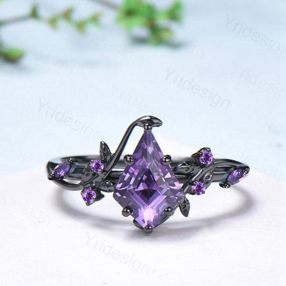 Unique Cage Leafy Amethyst Wedding Ring Set Nature Inspired Kite Cut Amethyst Engagement Ring Black Gold Knight Purple Gemstone Bridal Set - PENFINE