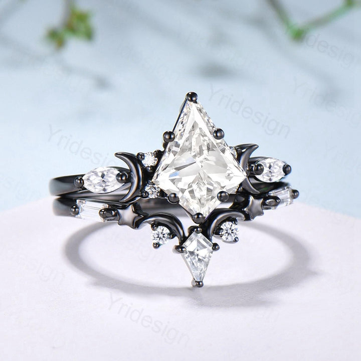 Vintage 14K Black Gold Kite Cut Diamond Engagement Ring Set Lab Grown Diamond Wedding Ring IGI Certificate Moons and Star Diamond Ring Set - PENFINE