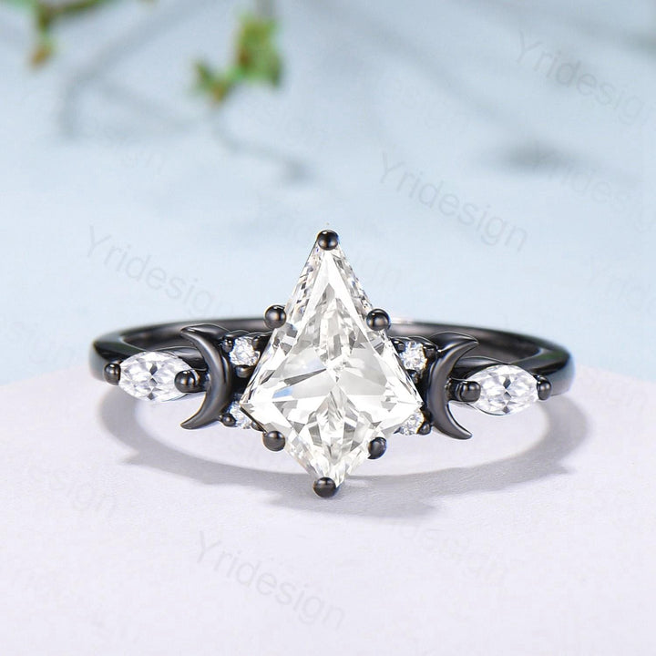 Vintage 14K Black Gold Kite Cut Diamond Engagement Ring Set Lab Grown Diamond Wedding Ring IGI Certificate Moons and Star Diamond Ring Set - PENFINE