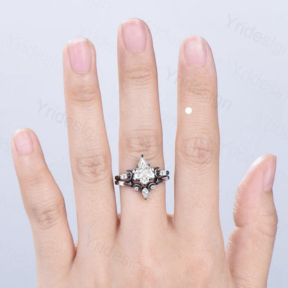 Vintage 14K Black Gold Kite Cut Diamond Engagement Ring Set Lab Grown Diamond Wedding Ring IGI Certificate Moons and Star Diamond Ring Set - PENFINE
