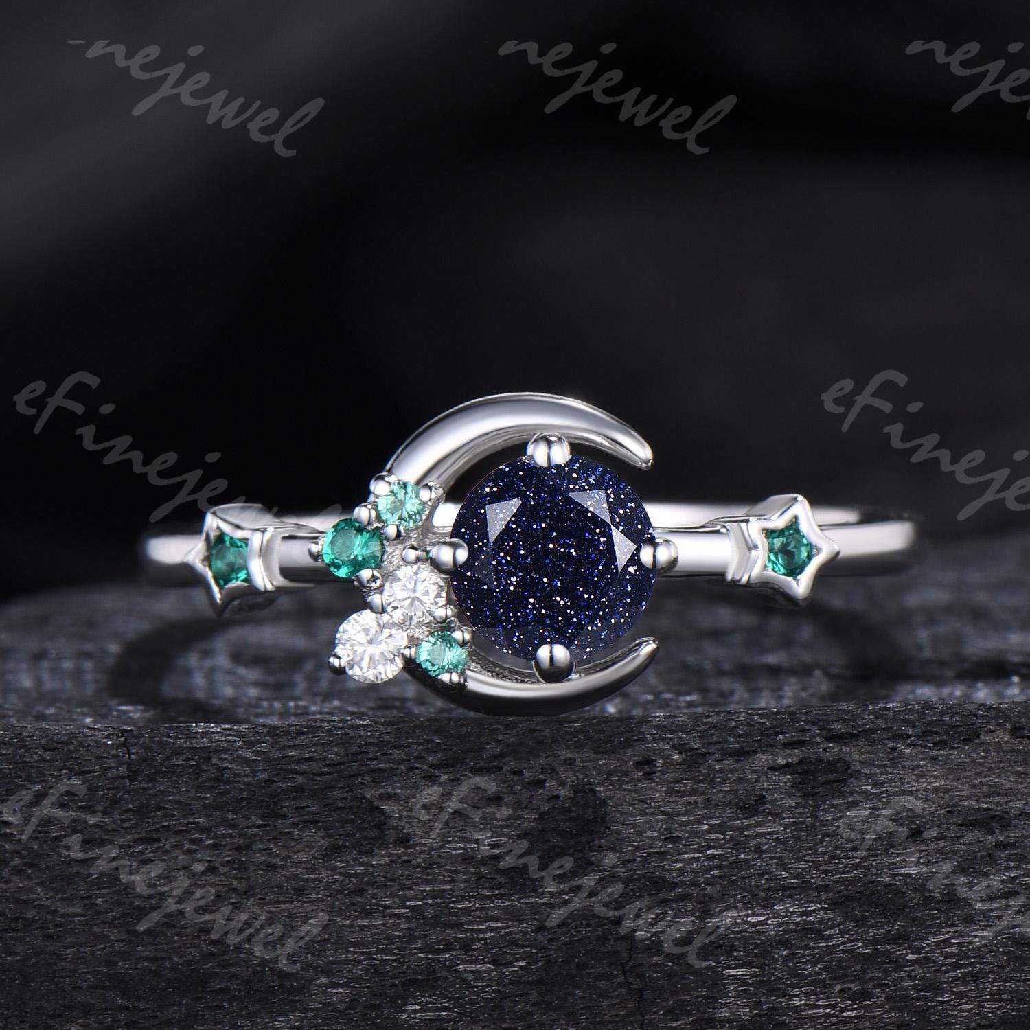 Blue Sandstone Engagement Ring: Moon, Star, Emerald Galaxy Ring - PENFINE