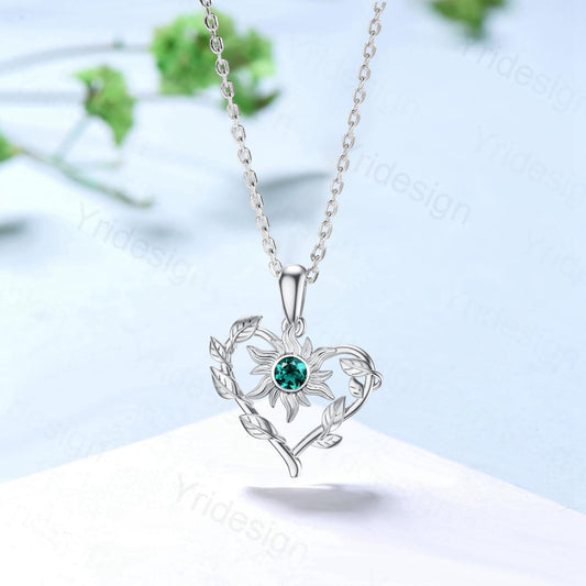 Unique Nature Inspired Emerald Necklace Elegant Sunflower May Birthstone Necklace Pendant Leaf Vine Anniversary Gift Art Deco Silver Pendant - PENFINE