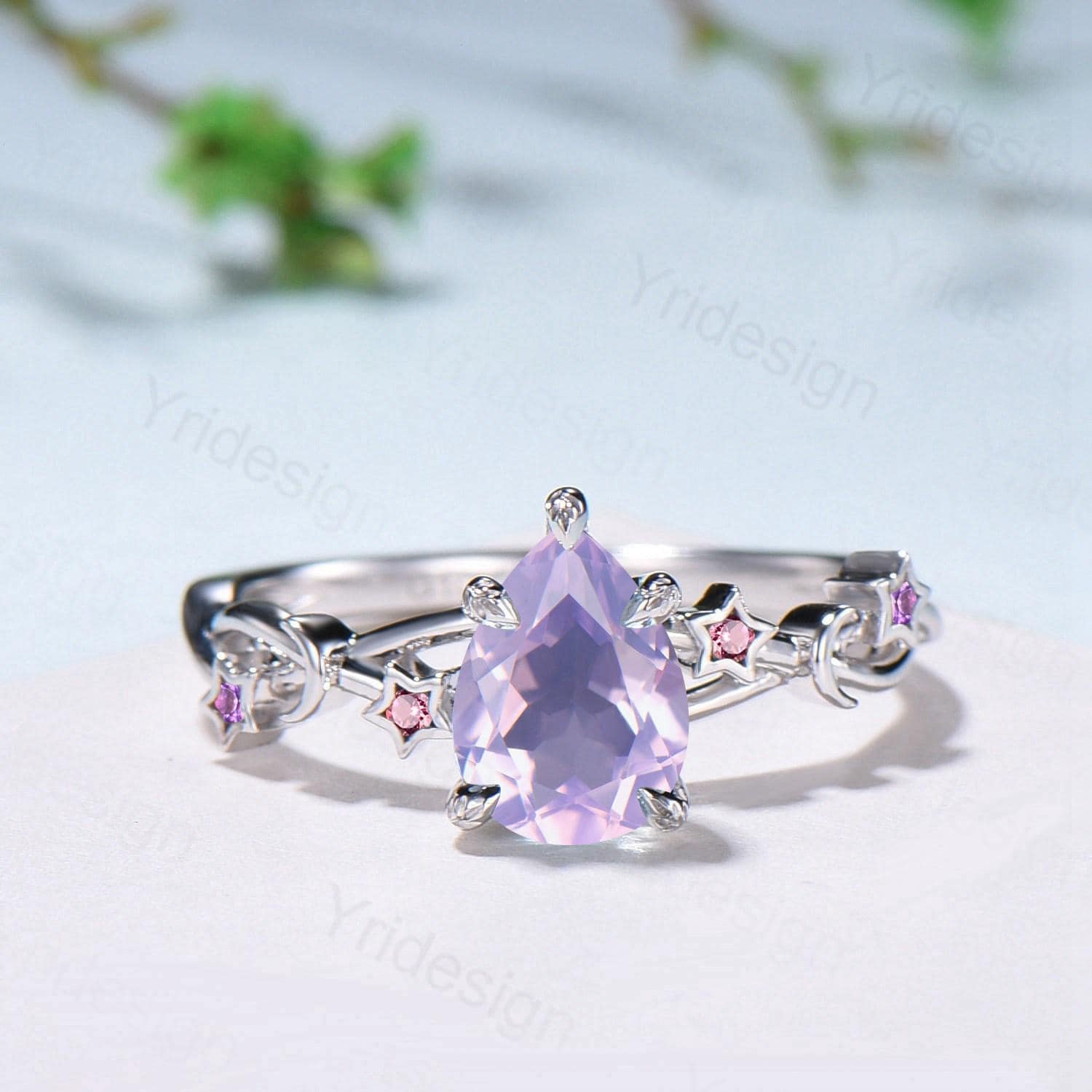 Unique Emerald Cut lavender amethyst Ring Moon Star Pink Tourmaline Purple Engagement Ring February Birthstone Handmade Proposal Gifts Women - PENFINE