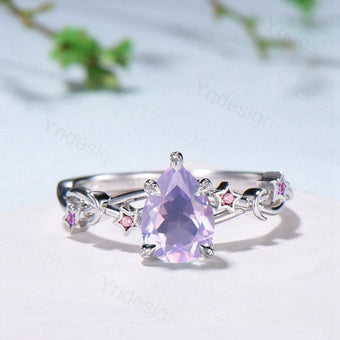 Unique Emerald Cut lavender amethyst Ring Moon Star Pink Tourmaline Purple Engagement Ring February Birthstone Handmade Proposal Gifts Women - PENFINE