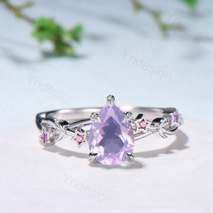 Unique Emerald Cut lavender amethyst Ring Moon Star Pink Tourmaline Purple Engagement Ring February Birthstone Handmade Proposal Gifts Women - PENFINE