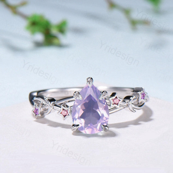 Unique Emerald Cut lavender amethyst Ring Moon Star Pink Tourmaline Purple Engagement Ring February Birthstone Handmade Proposal Gifts Women - PENFINE