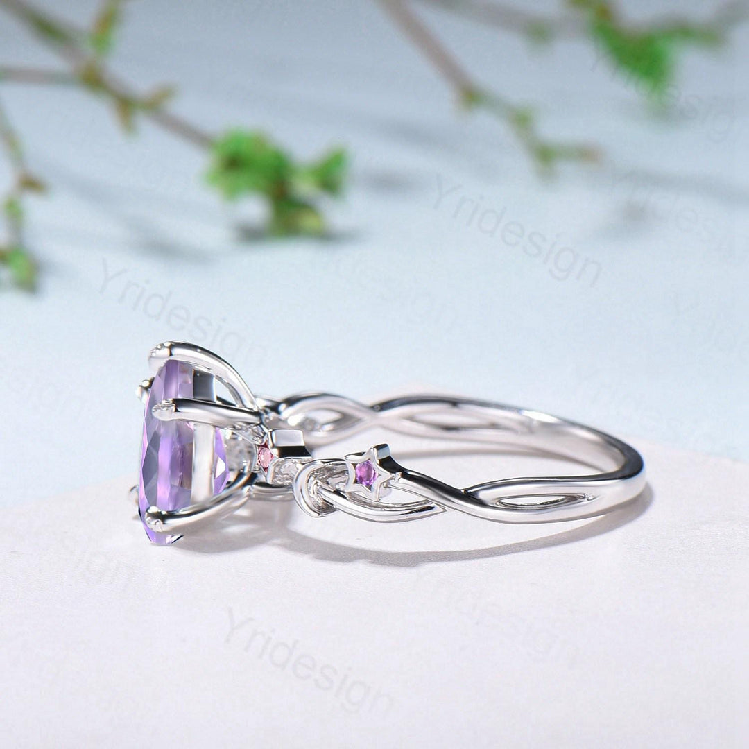 Unique Emerald Cut lavender amethyst Ring Moon Star Pink Tourmaline Purple Engagement Ring February Birthstone Handmade Proposal Gifts Women - PENFINE