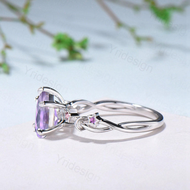 Unique Emerald Cut lavender amethyst Ring Moon Star Pink Tourmaline Purple Engagement Ring February Birthstone Handmade Proposal Gifts Women - PENFINE