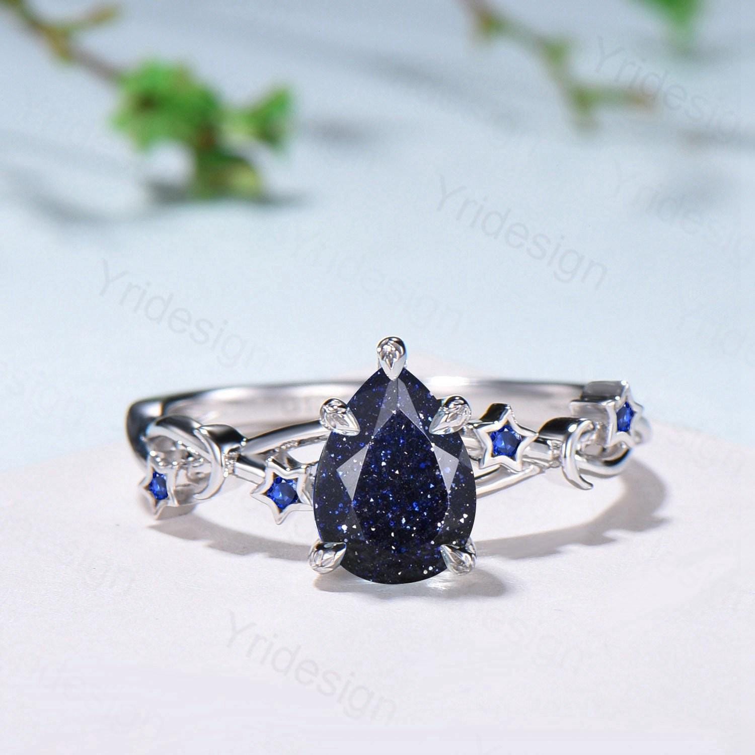 Elegant Pear Shaped Blue Sandstone Ring Vintage Moon Star Blue Goldstone Engagement Ring Leaf Vine Wedding Ring Blue Sapphire Promise Ring - PENFINE