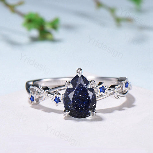Elegant Pear Shaped Blue Sandstone Ring Vintage Moon Star Blue Goldstone Engagement Ring Leaf Vine Wedding Ring Blue Sapphire Promise Ring - PENFINE