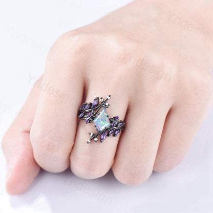 Unique Cage Leafy White Opal Wedding Ring Set Nature Inspired Kite Fire Opal Engagement Ring Black Gold Knight Bridal Set Anniversary Gift - PENFINE