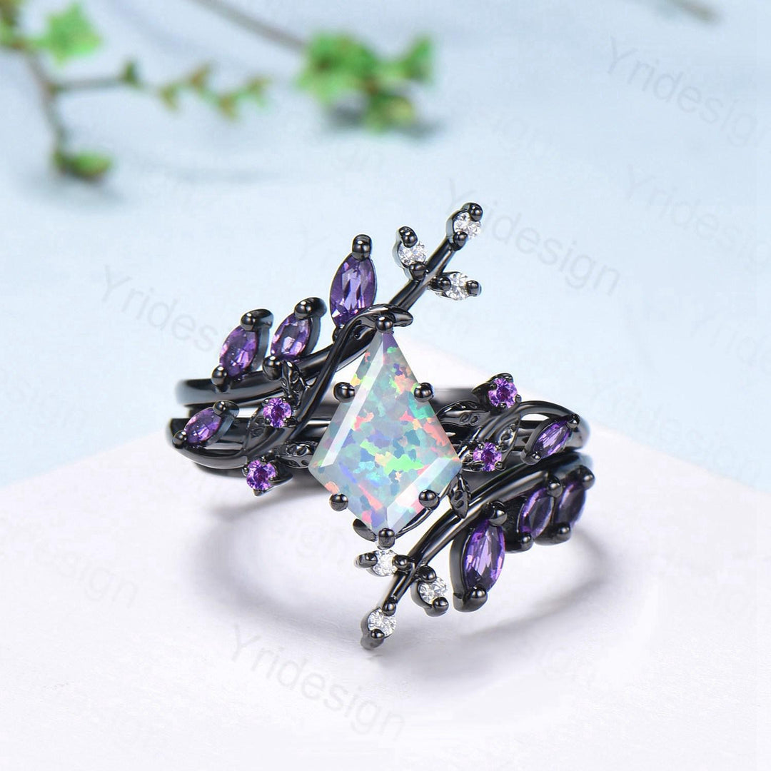 Unique Cage Leafy White Opal Wedding Ring Set Nature Inspired Kite Fire Opal Engagement Ring Black Gold Knight Bridal Set Anniversary Gift - PENFINE