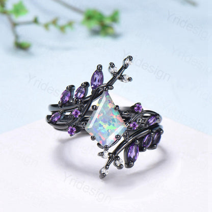 Unique Cage Leafy White Opal Wedding Ring Set Nature Inspired Kite Fire Opal Engagement Ring Black Gold Knight Bridal Set Anniversary Gift - PENFINE