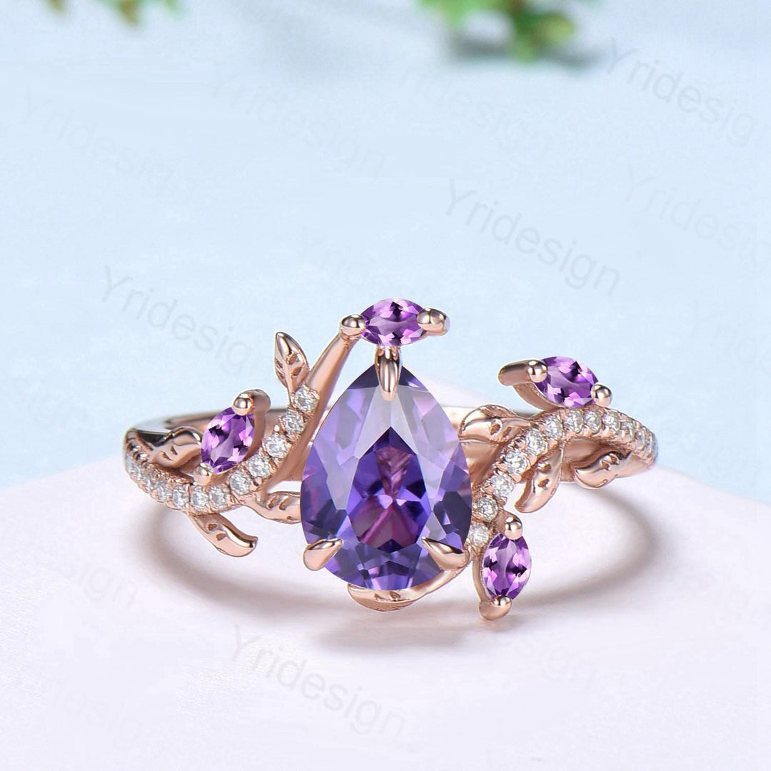 Vintage Pear Shaped Purple Sapphire Engagement Ring Set Nature Inspired Snake Eternity Wedding Set Amethyst Bridal Ring Set Twig Branch Ring - PENFINE