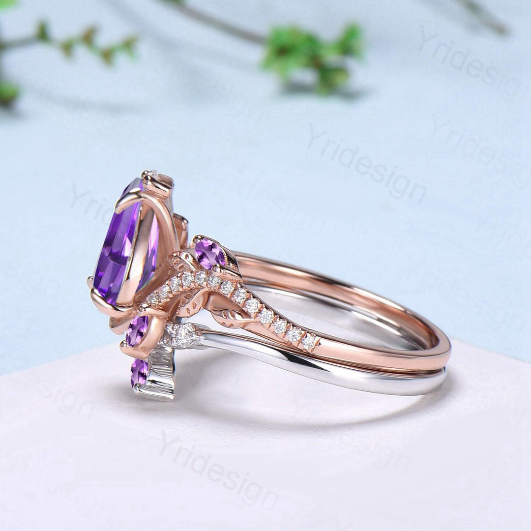 Vintage Pear Shaped Purple Sapphire Engagement Ring Set Nature Inspired Snake Eternity Wedding Set Amethyst Bridal Ring Set Twig Branch Ring - PENFINE