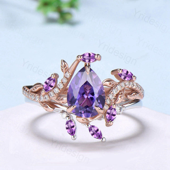 Vintage Pear Shaped Purple Sapphire Engagement Ring Set Nature Inspired Snake Eternity Wedding Set Amethyst Bridal Ring Set Twig Branch Ring - PENFINE