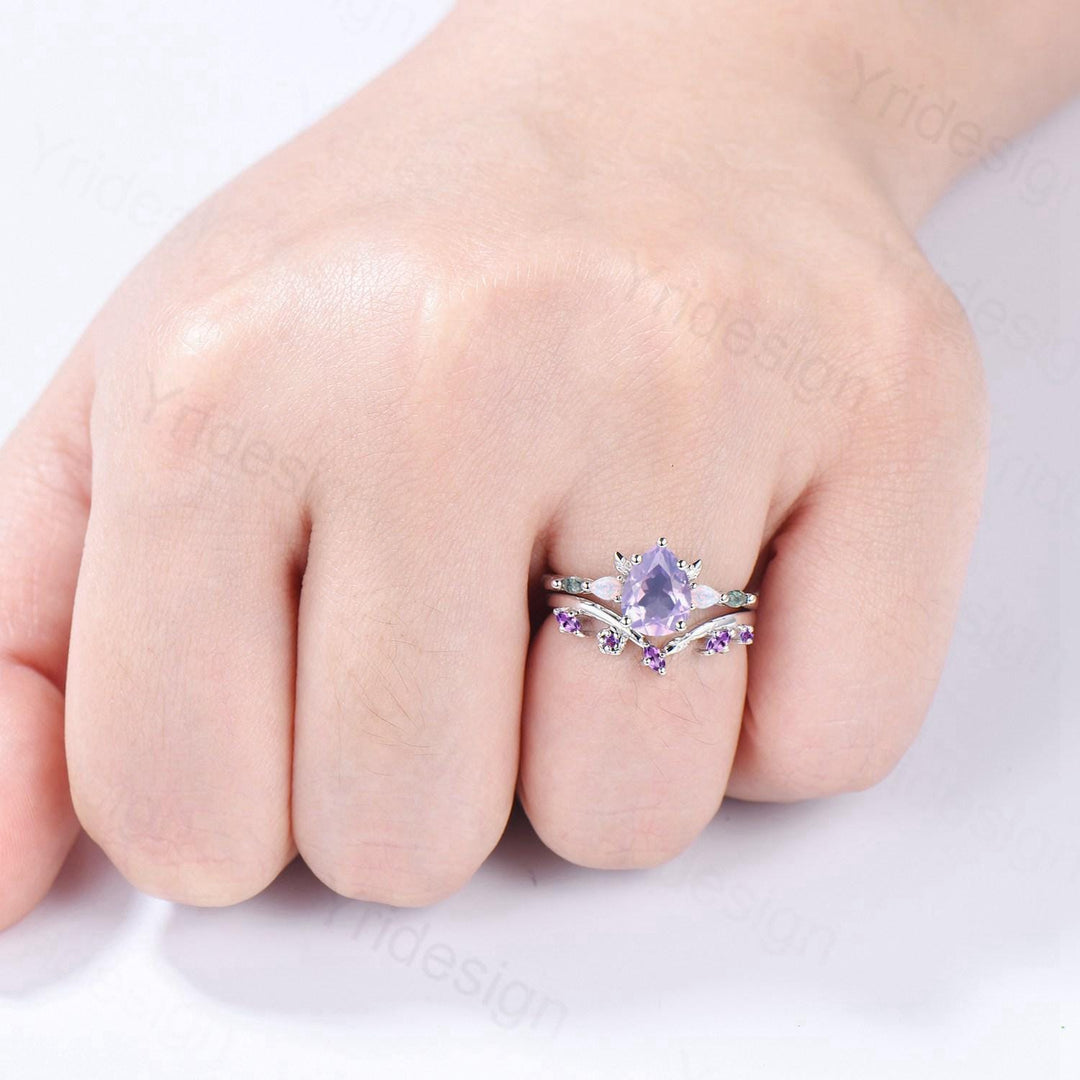 Natural pear cut Lavender Amethyst engagement ring set Unique moss agate opal wedding set Leaf Flower Nature inspired amethyst stacking band - PENFINE