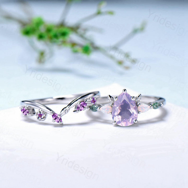 Natural pear cut Lavender Amethyst engagement ring set Unique moss agate opal wedding set Leaf Flower Nature inspired amethyst stacking band - PENFINE