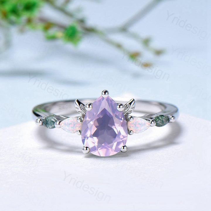 Natural pear cut Lavender Amethyst engagement ring set Unique moss agate opal wedding set Leaf Flower Nature inspired amethyst stacking band - PENFINE