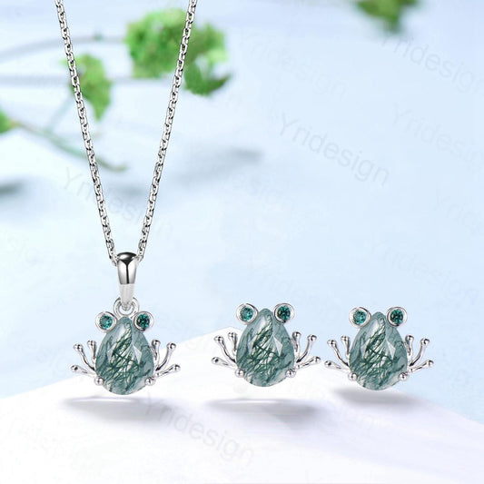 Unique Pear Shaped Natural Moss Agate Frog Necklace Animal Inspired Frog Green Agate Earring Silver Rose Gold Amphibian Jewelry Wedding Set - PENFINE