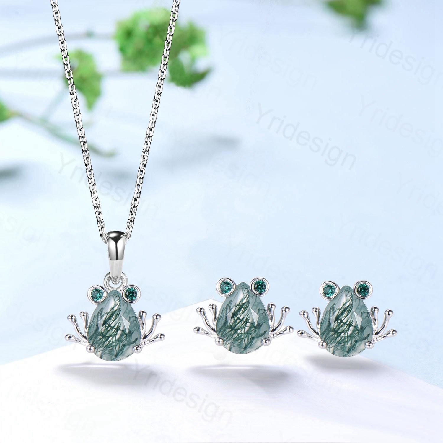 Unique Pear Shaped Natural Moss Agate Frog Necklace Animal Inspired Frog Green Agate Earring Silver Rose Gold Amphibian Jewelry Wedding Set - PENFINE