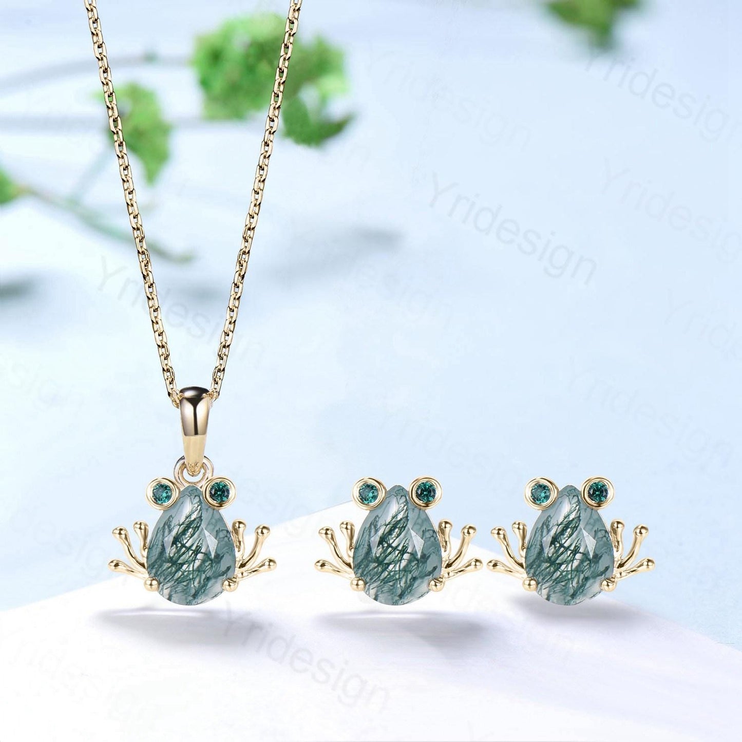Unique Pear Shaped Natural Moss Agate Frog Necklace Animal Inspired Frog Green Agate Earring Silver Rose Gold Amphibian Jewelry Wedding Set - PENFINE